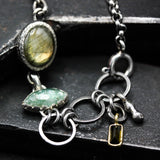 Oval Labradorite and Green Kyanite Bracelet Sterling Silver Bezel Setting on Oxidized Chain