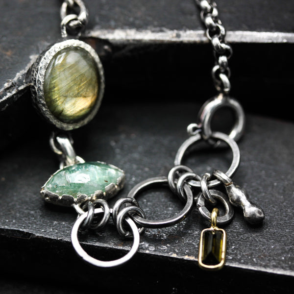 Oval Labradorite and Green Kyanite Bracelet Sterling Silver Bezel Setting on Oxidized Chain