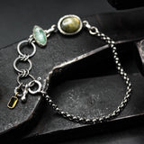 Oval Labradorite and Green Kyanite Bracelet Sterling Silver Bezel Setting on Oxidized Chain