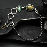 Oval Labradorite and Green Kyanite Bracelet Sterling Silver Bezel Setting on Oxidized Chain