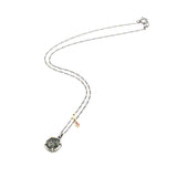 Round Faceted Moss agate pendant necklace in silver bezel and prongs setting with Pink sapphireon sterling silver chain