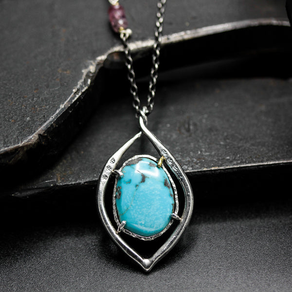 Blue turquoise gemstone necklace in silver bezel and prongs setting with multi sapphire beads secondary