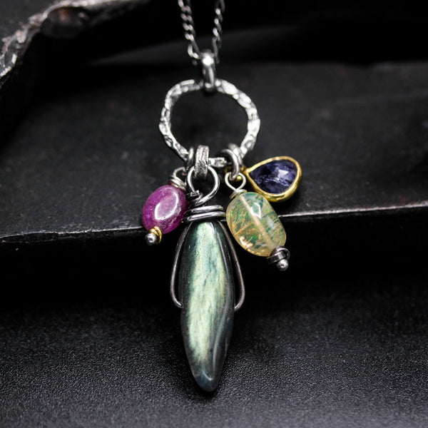 Labradorite, Opal, Ruby and Sapphire pendant necklace with sterling silver chain