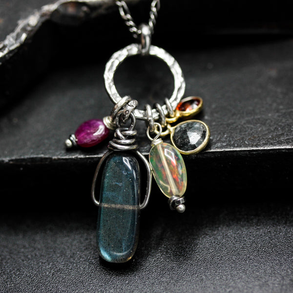 Labradorite, Opal, Ruby, gray sapphire and orange sapphire pendant necklace with sterling silver chain