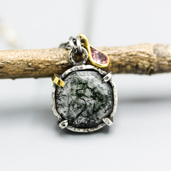 Round Faceted Moss agate pendant necklace in silver bezel and prongs setting with Pink sapphireon sterling silver chain