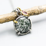 Round Faceted Moss agate pendant necklace in silver bezel and prongs setting with Pink sapphireon sterling silver chain