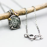 Round Faceted Moss agate pendant necklace in silver bezel and prongs setting with Pink sapphireon sterling silver chain