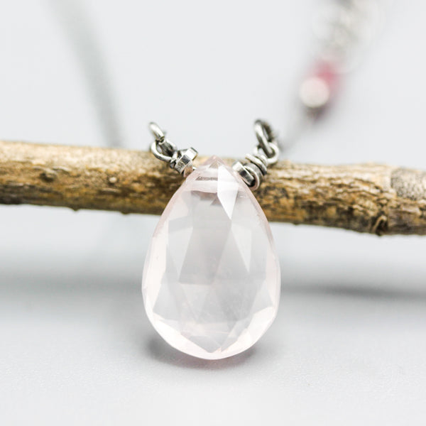 Pear faceted shape Rose quartz pendant neckalce and multi pink sapphire with sterling silver chain