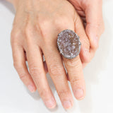 Brown Brazilian druzy ring in silver bezel and prongs setting with sterling silver band