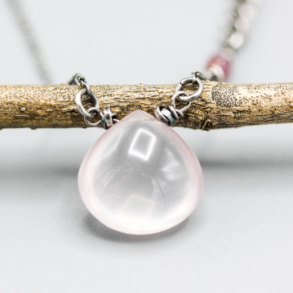 Teardrop cabochon Rose quartz pendant neckalce and multi pink sapphire with sterling silver chain
