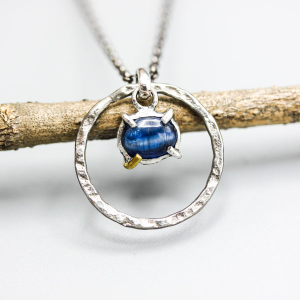 Oval blue kyanite pendant necklace and circle shape hoop with sterling silver chain