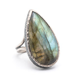 Teardrop Olive green Labradorite cocktail ring in silver bezel setting with sterling silver band