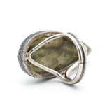 Teardrop Olive green Labradorite cocktail ring in silver bezel setting with sterling silver band