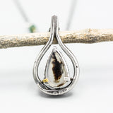 Alone tree Dendritic quartz pendant necklace in sterling silver bezel and prongs setting with silver vine design on sterling silver chain