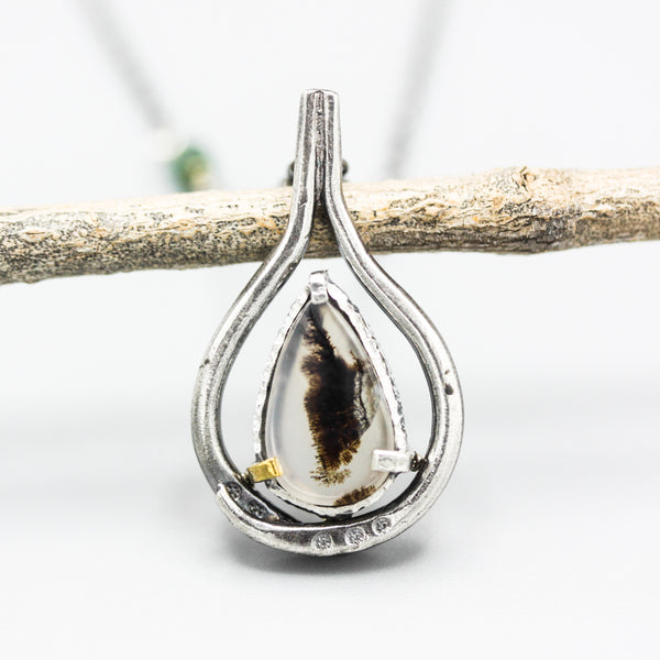 Alone tree Dendritic quartz pendant necklace in sterling silver bezel and prongs setting with silver vine design on sterling silver chain