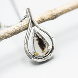 Alone tree Dendritic quartz pendant necklace in sterling silver bezel and prongs setting with silver vine design on sterling silver chain
