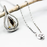 Alone tree Dendritic quartz pendant necklace in sterling silver bezel and prongs setting with silver vine design on sterling silver chain