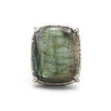 Rectagle cabochon Labradorite cocktail ring in silver bezel and prongs setting with sterling silver band