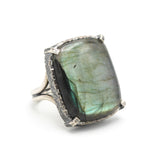 Rectagle cabochon Labradorite cocktail ring in silver bezel and prongs setting with sterling silver band