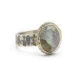 Oval cabochon Labradorite ring in bezel setting with silver texture oxidized thick band