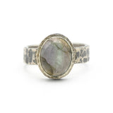 Oval cabochon Labradorite ring in bezel setting with silver texture oxidized thick band