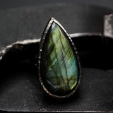 Teardrop Olive green Labradorite cocktail ring in silver bezel setting with sterling silver band