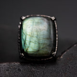 Rectagle cabochon Labradorite cocktail ring in silver bezel and prongs setting with sterling silver band