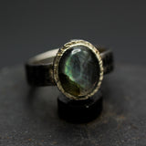 Oval cabochon Labradorite ring in bezel setting with silver texture oxidized thick band