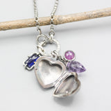 Silver heart locket necklace with blue sapphire, amethyst and pink sapphire on sterling silver chain
