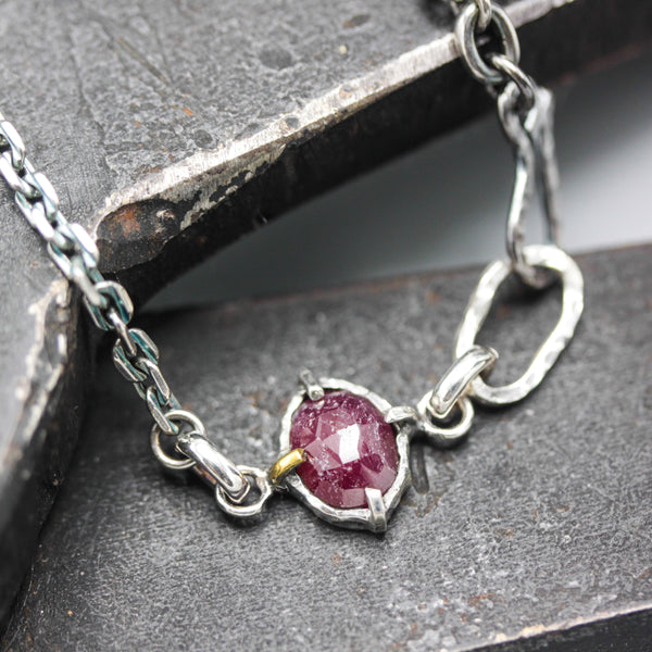 Bracelet Tiny faceted red ruby in silver bezel and prongs setting with sterling silver oxidized chain
