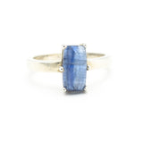 Rectangle faceted blue Kyanite ring in silver bezel setting with sterling silver high polished band