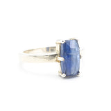 Rectangle faceted blue Kyanite ring in silver bezel setting with sterling silver high polished band