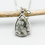 Teardrop Moss agate pendant necklace in silver bezel and prongs setting with sapphire on sterling silver chain