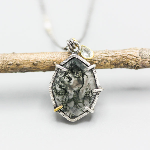 Marquise Moss agate pendant necklace in silver bezel and prongs setting with sapphire on sterling silver chain