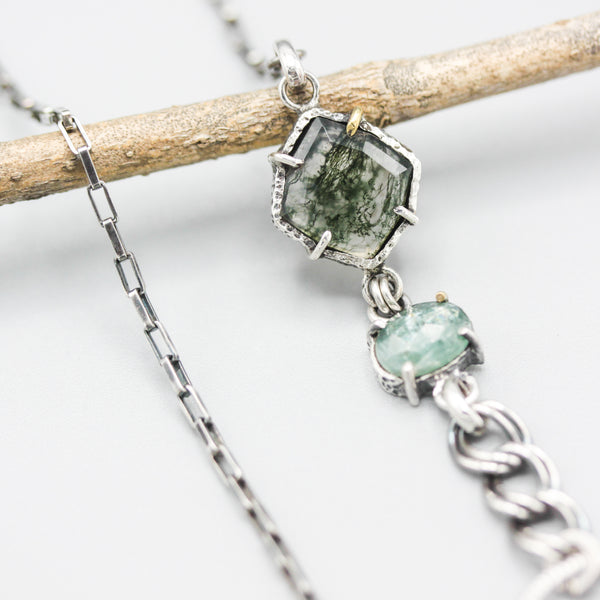 Square Moss agate pendant necklace with green kyanite gemstone on sterling silver chain