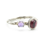 Round Garnet ring and Amethyst with oxidized sterling silver hard texture band