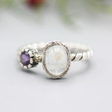 Moonstone and Round Amethyst ring with sterling silver twist design band