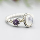 Moonstone and Round Amethyst ring with sterling silver twist design band