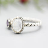 Moonstone and Round Amethyst ring with sterling silver twist design band