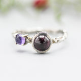 Round Garnet ring and Amethyst with oxidized sterling silver hard texture band