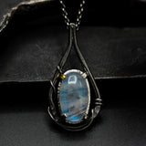 Oval cabochon moonstone pendant necklace with oxidized sterling silver chain