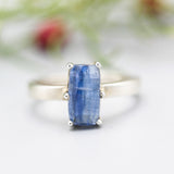 Rectangle faceted blue Kyanite ring in silver bezel setting with sterling silver high polished band