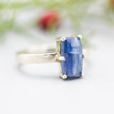 Rectangle faceted blue Kyanite ring in silver bezel setting with sterling silver high polished band