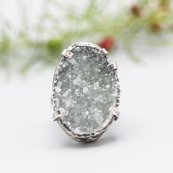 Handmade Grey Druzy Quartz Ring – Sterling Silver Bezel & Prong Setting, Minimalist Band, Boho Chic Gemstone Jewelry, Unique Druzy Statement Ring