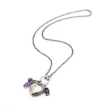 Silver heart locket necklace with blue sapphire, amethyst and pink sapphire on sterling silver chain