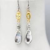 Yellow sapphire earrings in bezel setting with silver leaf on sterling silver hooks style