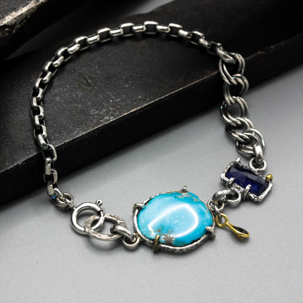Bracelet Arizona Turquoise, blue sapphire and tourmaline with oxidized sterling silver chain