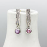 Round pink sapphire earrings and silver bar with textured on sterling silver stud style