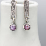 Round pink sapphire earrings and silver bar with textured on sterling silver stud style