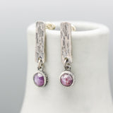 Round pink sapphire earrings and silver bar with textured on sterling silver stud style